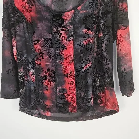 Cato Floral Red Black Burnout Top Sz Large Sheer Gothic Romantic Stretch Blouse - Picture 4 of 14